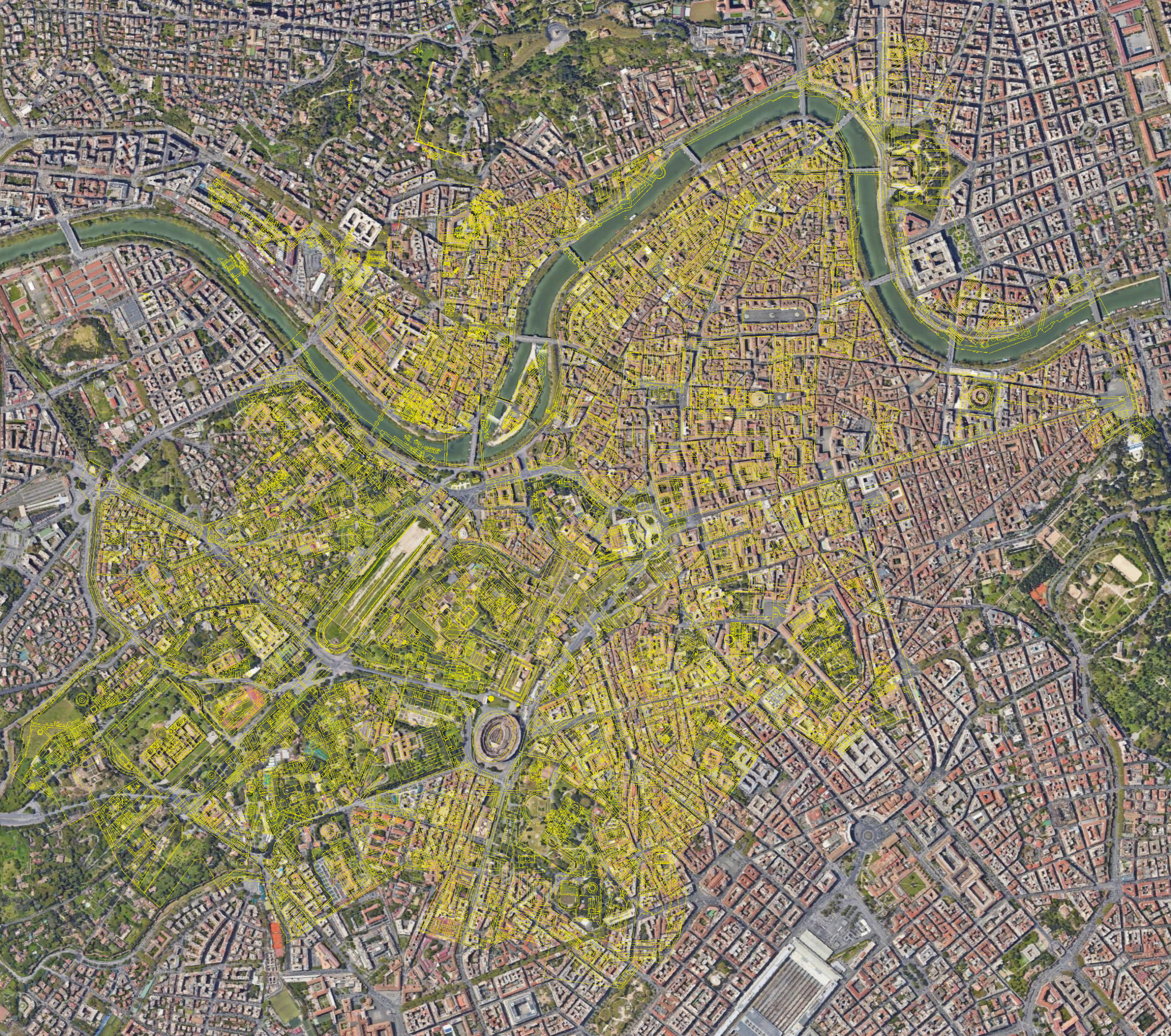 Screenshot of RomaGIS superimposing satellite image, archaeological data and monument names.