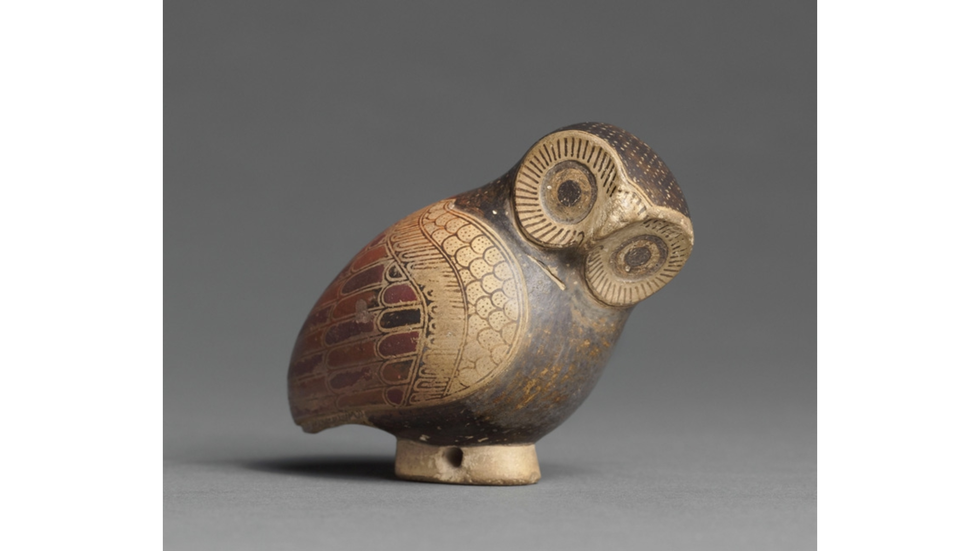 La chouette et les oiseaux chanteurs : Image d'élément iconograpique:Aryballe en forme de Chouette, Provenance : Corinthe (Grèce), 640 avant J.-C., Musée du Louvre, Paris, France.