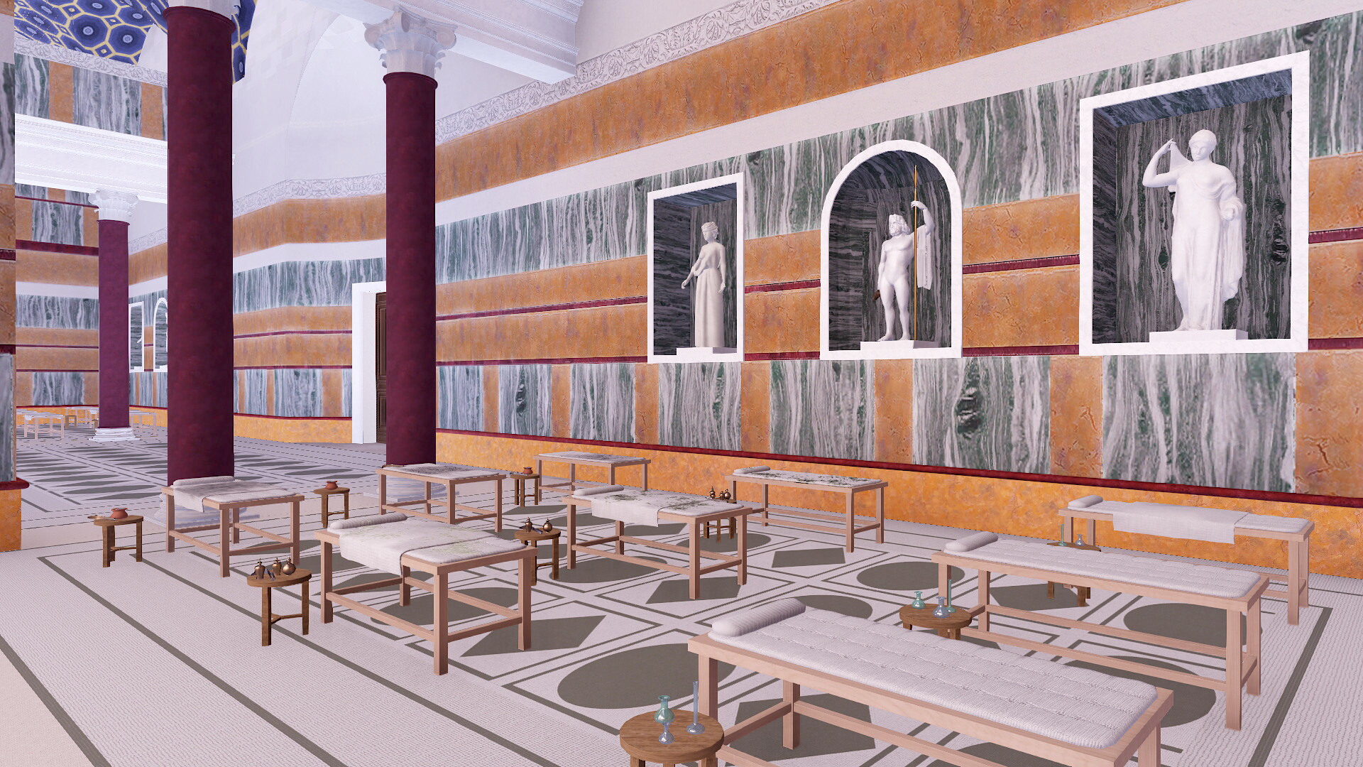 Une vaste salle intérieure aux murs décorés de fresques représentant des statues dans des niches et des colonnes massives.