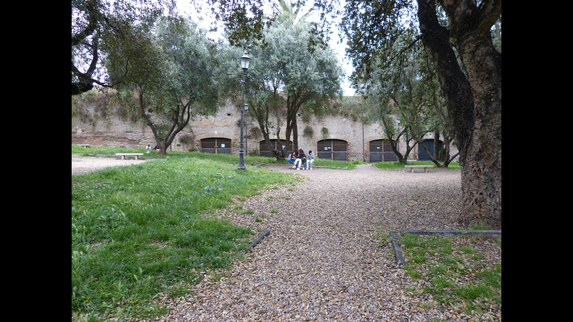 Un long mur épais aux ouvertures grillagées, entouré d’arbres aux troncs rugueux et à la cime dense, avec un chemin de gravier et des espaces verts de chaque côté.